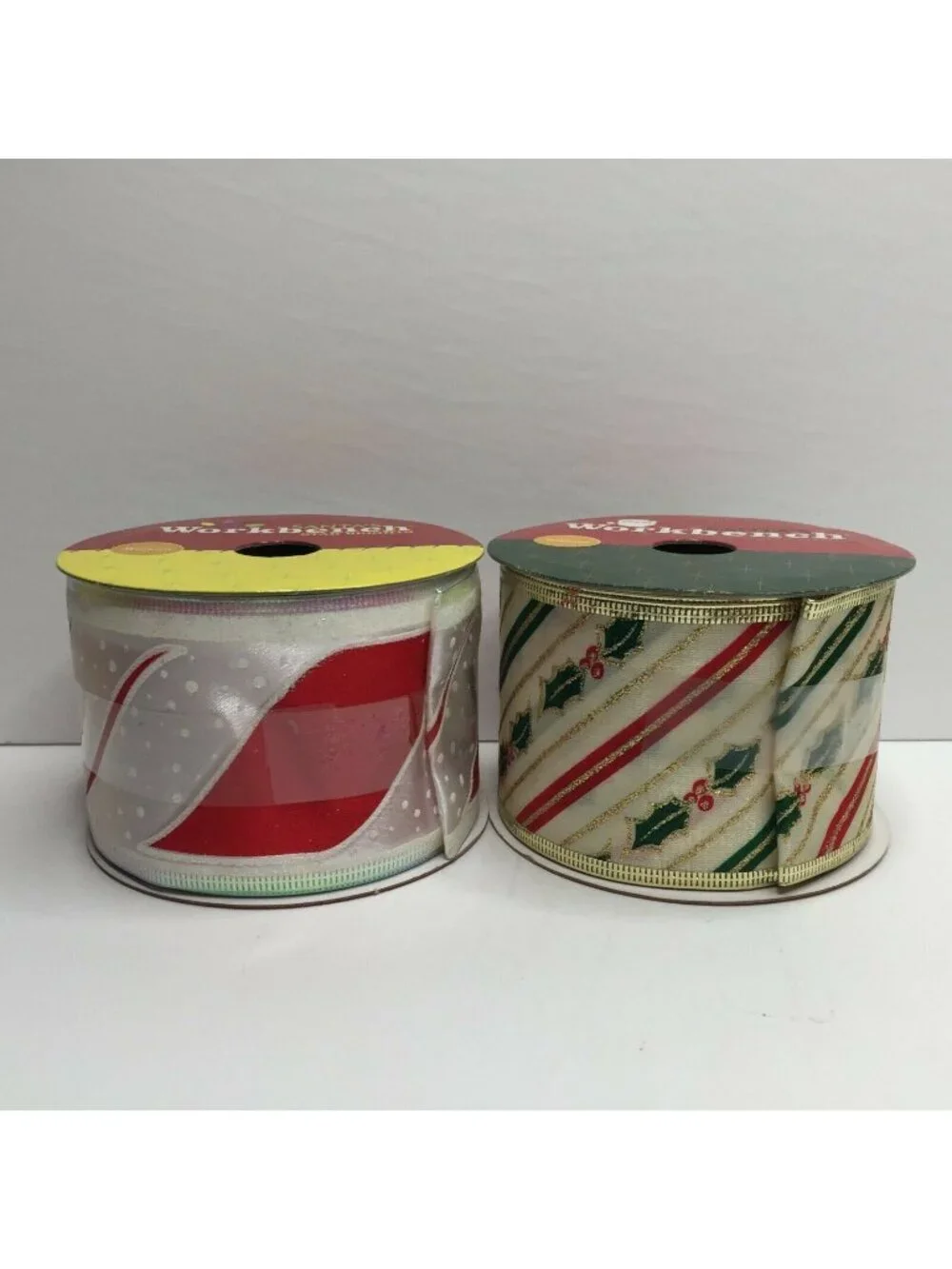 Santas Workshop Candy Cane Green Holly Striped Craft Ribbon Christmas Wreath 2.5